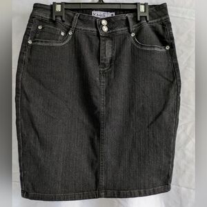 KarenT Rhinestone Embroidered Black Stretch Denim Skirt M Back Slit 5 Pocket